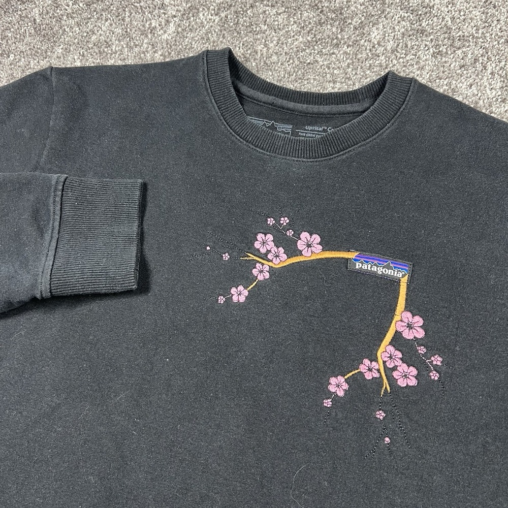 Patagonia Black Uprisal Crew Sweatshirt Custom Floral Embroidery Cherry Blossom